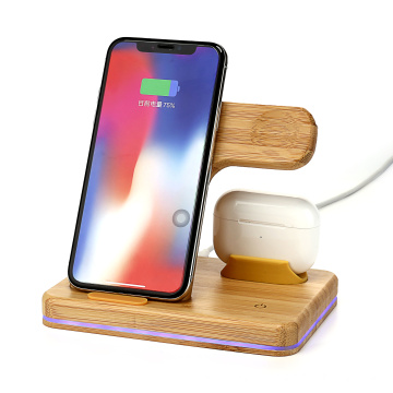 New products 3 in 1 Smart Portable Qi Phone Holder Watch Fast Wireless Charging Station 15W fastest wireless bamboo charger